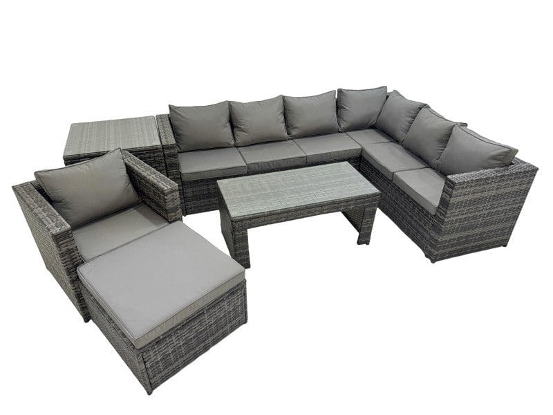 Fimous Outdoor Rattan Oblong Coffee Table Corner Sofa Sets Garden Furniture Set with Chair Big Stool Side Table Dark Grey Mixed