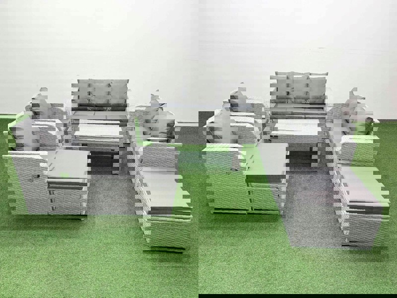 Fimous Light Grey PE Rattan Outdoor Lounge Set - Adjustable Chair, Double Loveseat, Rectangular Coffee Table & 2 Big Footstools