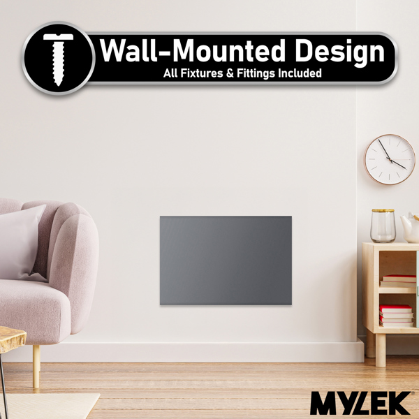 MYLEK Electric Radiator Panel Heater Grey WIFI Smart APP Eco 1200W Bathroom Safe Wall Mounted Timer Thermostat