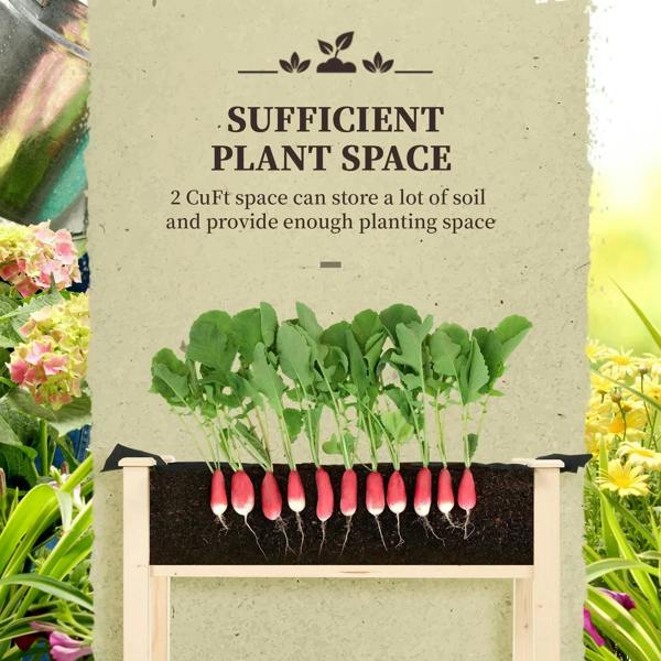 Raised wooden planter filled with dark soil and young green radish sprouts