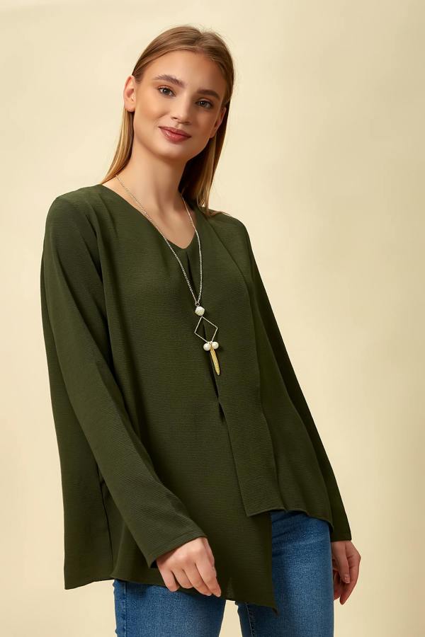 Hoxton Gal Oversized Asymmetric Top with Necklace in Khaki