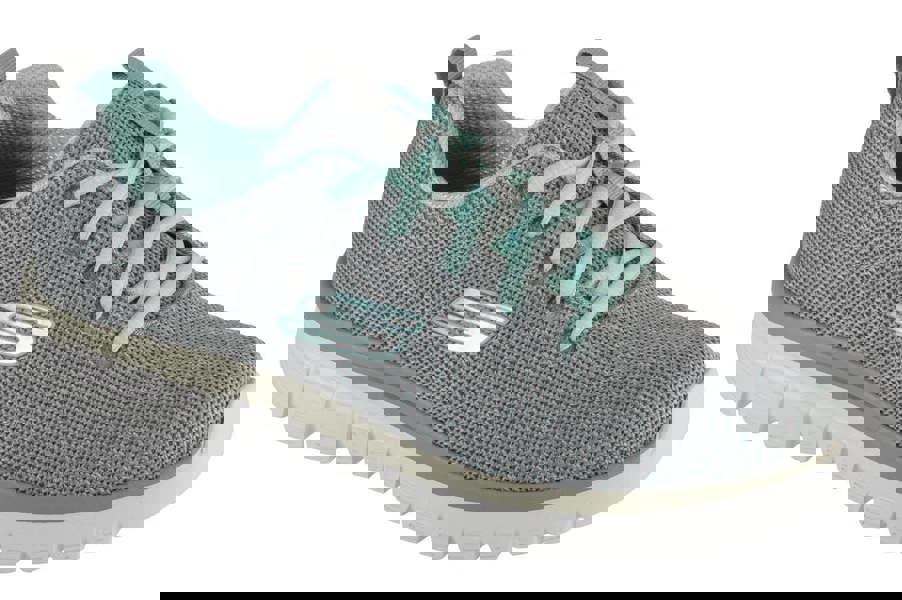 Skechers Gracefull Twisted Fortune Womens Casual Walking Trainers, lightweight breathable grey mesh athletic shoes with mint green accents and cushioned sole for comfort.