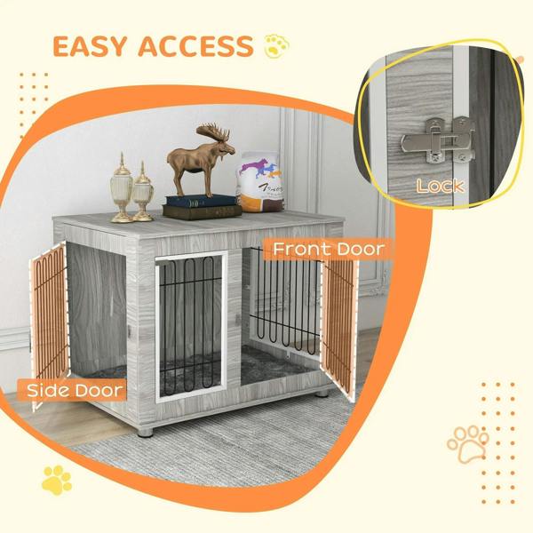 Grey indoor dog kennel with side and front doors, lock detail and soft inner cushion