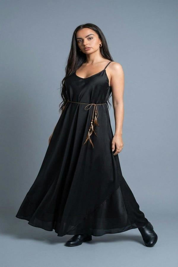Liora Strappy Maxi Dress With Feather Tie Waist - Black