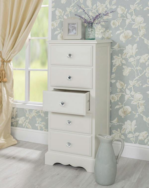 Statement Furniture Romance Tallboy 5 Drawer Narrow Chest of Drawers with Crystal Handles
