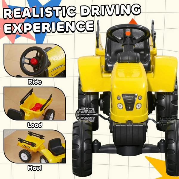 Yellow four-wheel kids ride-on tractor toy with black steering wheel and seat