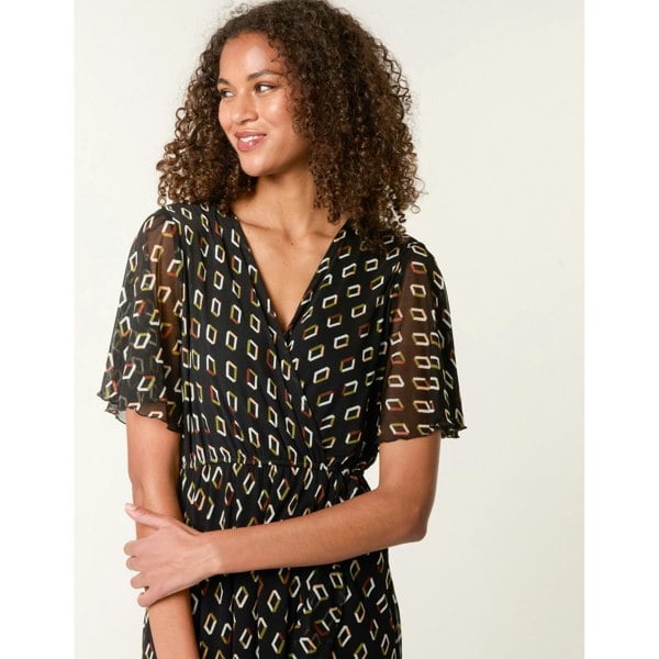 Blue Vanilla Geometric Mesh Ruffle Wrap Dress