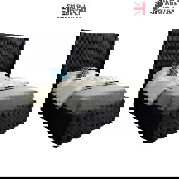 Casa Magna Turin Straight Winged Upholstered Soft Velvet Bed Frame - Black