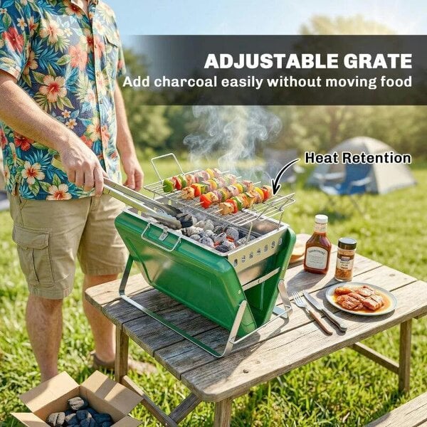 Bobobiy Charcoal BBQ Grill Portable Stainless Steel Barbecue with Tilting Grate for Camping Picnic Garden Dark Green