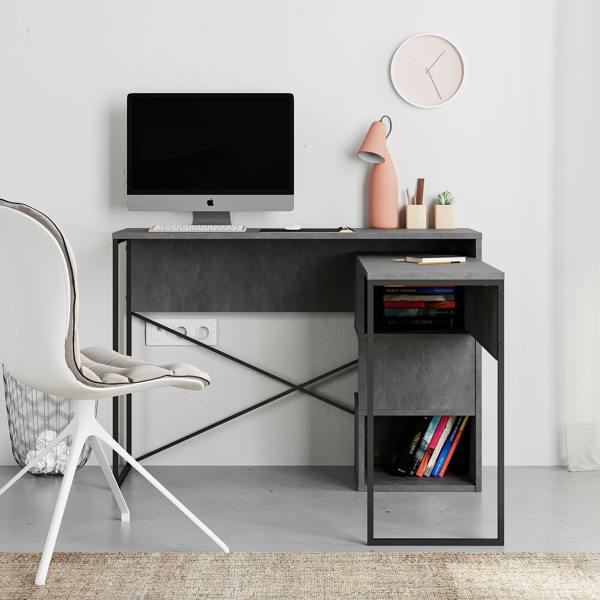 Decortie Modern Badau L-Shaped Computer Desk Metal Legs 3 Adjustable Storage Shelf Extra Table 110cm(W) Work PC Office
