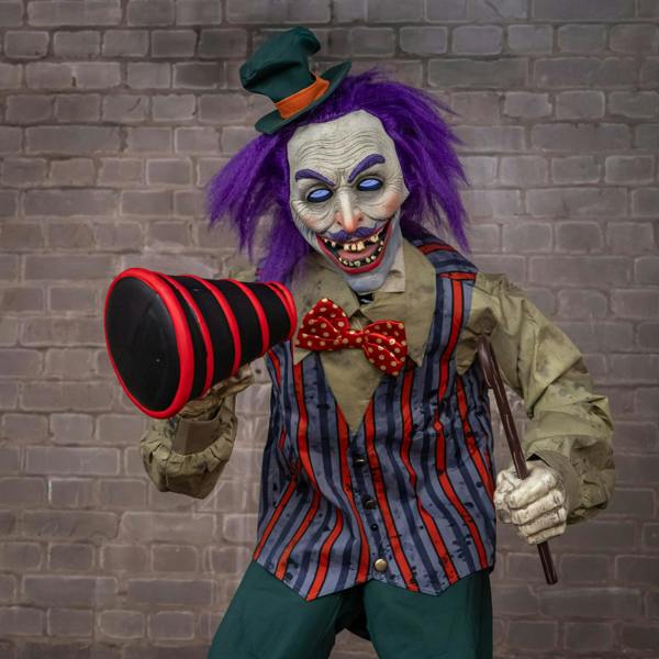 Samuel Alexander 6ft (72 Inch) Tall Servo Carnival Barker Halloween Animatronic with Glowing Digi-Eyes