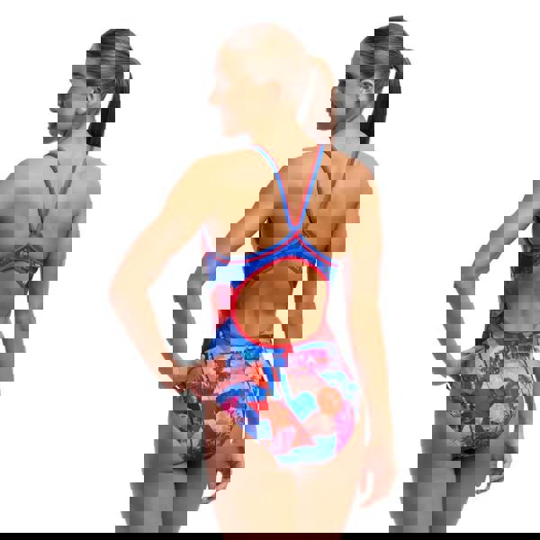 Funkita Miss Adventure Diamond Back swimsuit in blue and pink superhero design