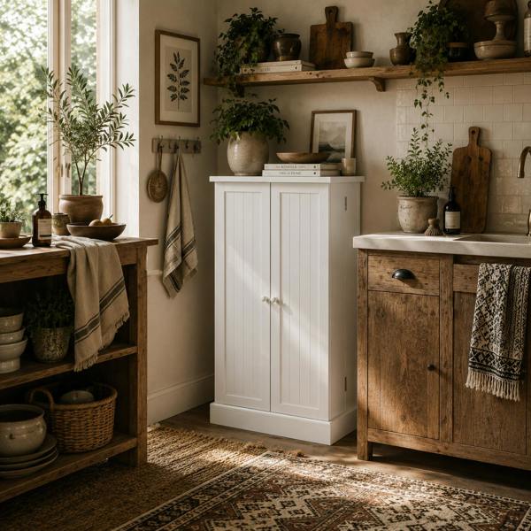 Wyld Haus Kanese Wooden White 6 Tier Kitchen Pantry Cabinet With Slatted Door Racks