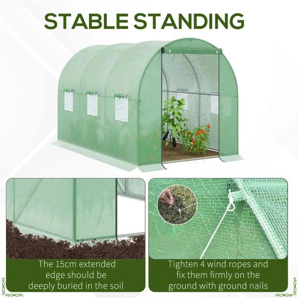 Green walk-in greenhouse tent with ground anchors and tie-down ropes for stable setup