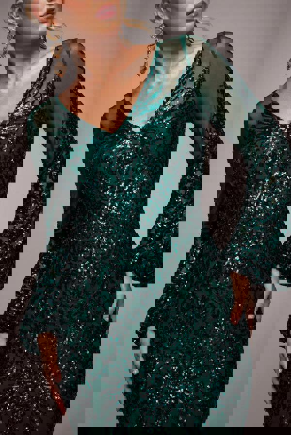 Embellished Sequin Bishop Sleeve Maxi Dress - Emerald Green DR4634