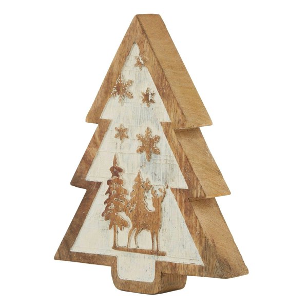 Hill Interiors Wooden Deer Snow Scene Tree Decoration - Brown/White