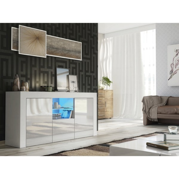 Mex Furniture Modern TV Unit Cabinet 145cm Stand & Sideboard with White Gloss Doors & Free LED