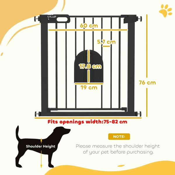 Black pet safety gate with cat flap and measurement lines on a product outline