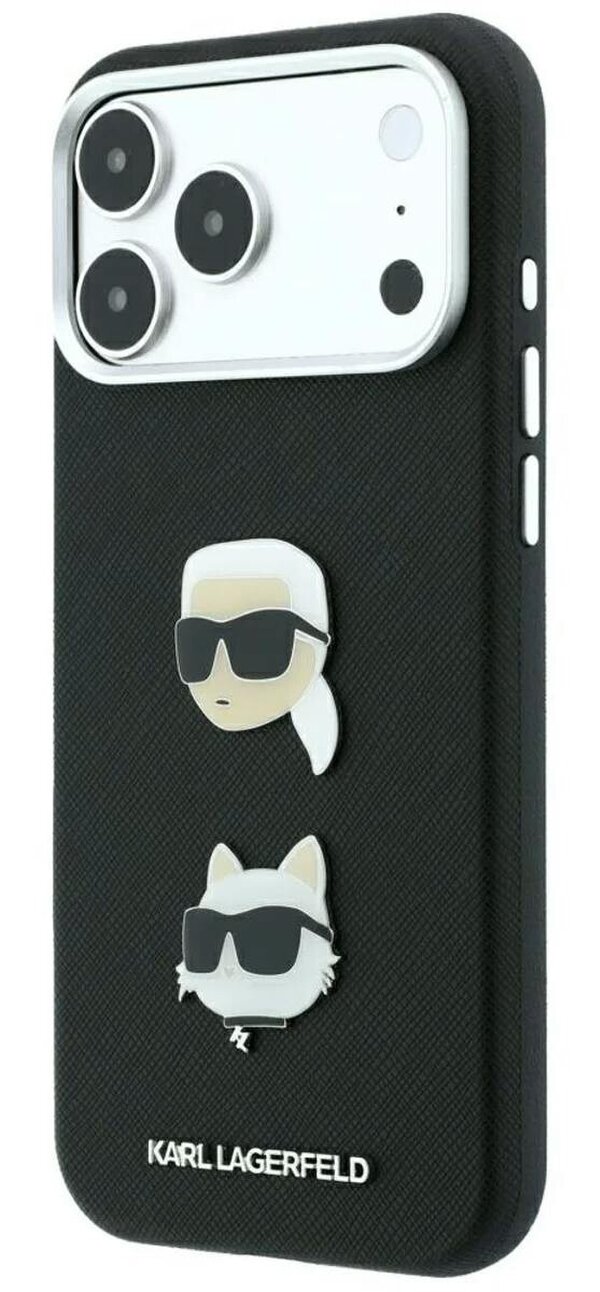 Karl Lagerfeld Saffiano Karl & Choupette Heads Pins Logo Case for iPhone 17/18 Pro Max 6.9" Black - KLHCP18XPSWFDHPK