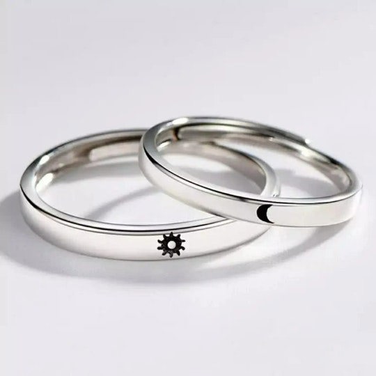 The Colourful Aura Adjustable Silver Couple Moon and Sun Promise Ring set