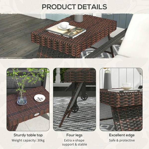 Brown woven rattan side table showing tabletop, legs, and protective edge