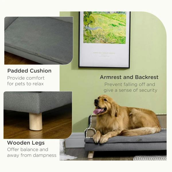 Grey dog sofa with padded cushion, armrests, and wooden legs