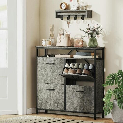 HOMCOM Shoe Cabinet with 4 Flip Drawers, Holds 12-20 Pairs, Cement Grey