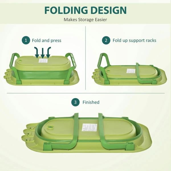 Green foldable baby bath tub base with lid panels in open-and-folded layout
