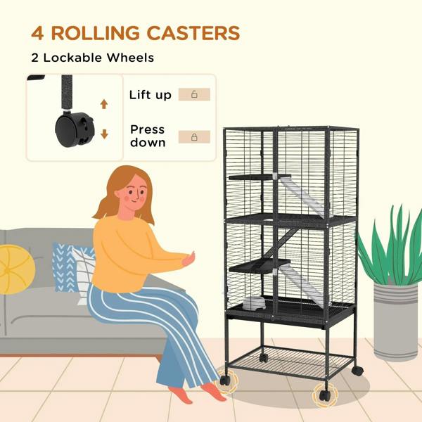 Charcoal grey rolling small animal cage on four caster wheels with ramp