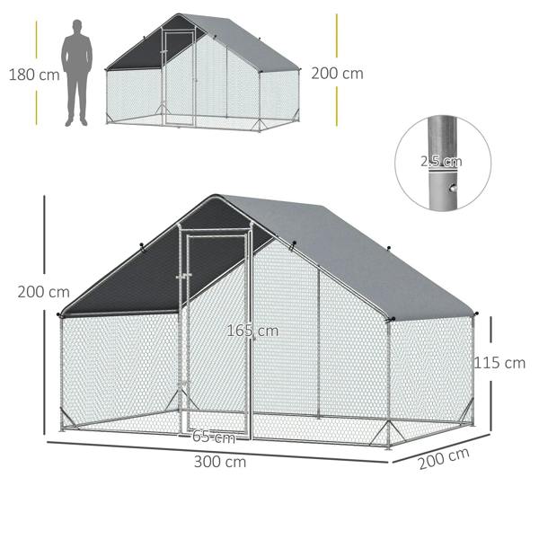 Wire mesh chicken coop with grey roof cover and front door, labeled size diagram