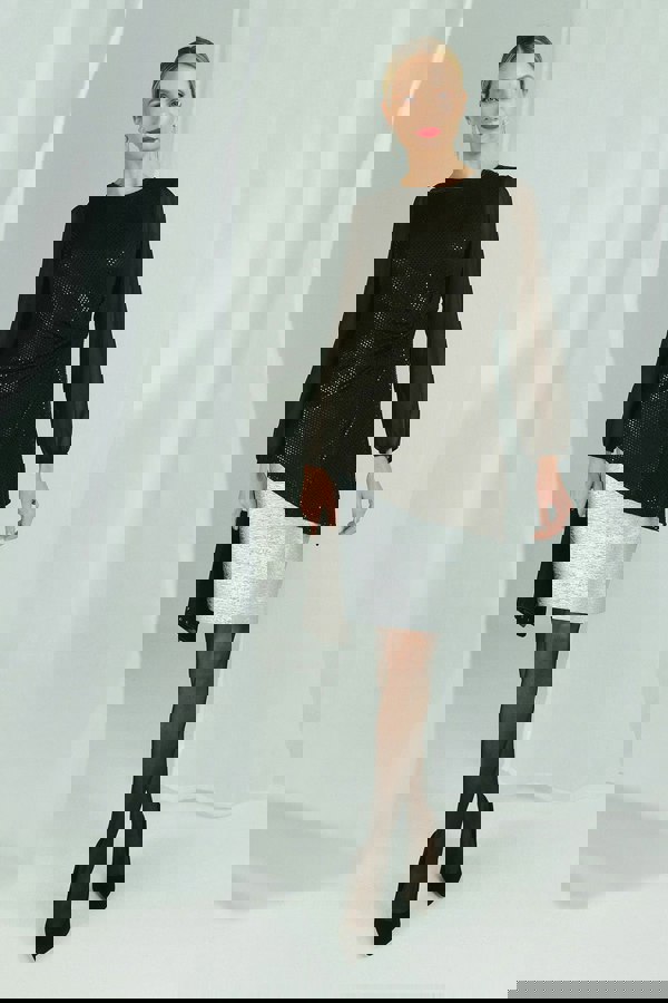 Black | Semi Sheer Sparkly Long Sleeve Blouse : Model is 5'10"/178 cm and wears UK10/EU38/US6/AUS10