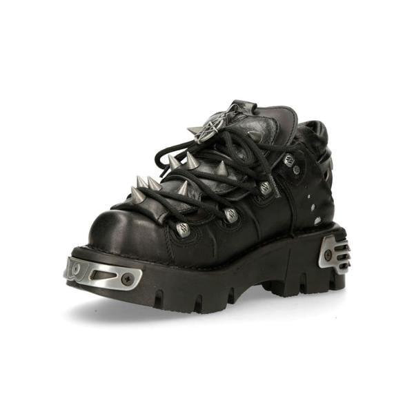 New Rock Black Leather Spiked Ankle Boots-110-S1