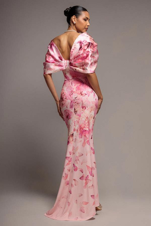 Printed Off Shoulder Satin Bow Back Maxi Dress - Blush Pink DR5282