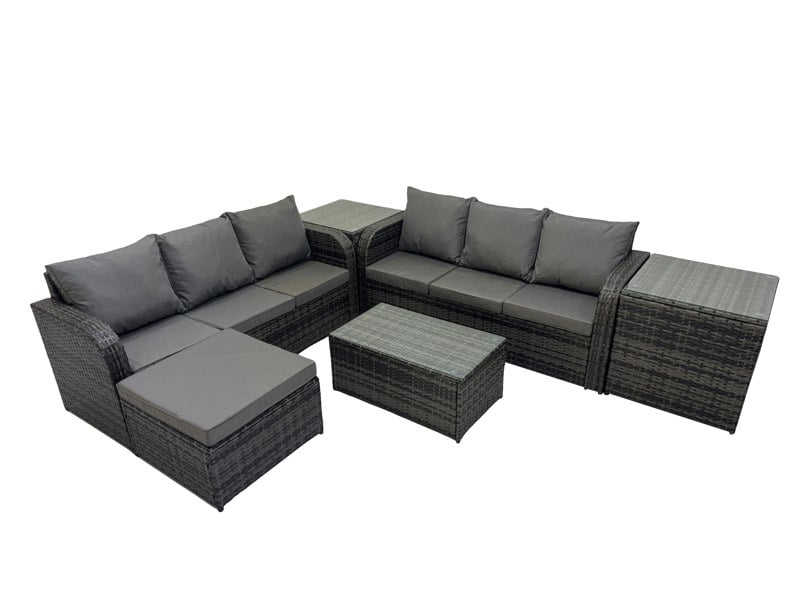 Fimous Outdoor 3 Seater Sofa Coffee Table Set Garden Rattan Furniture Set 7 Seater with Big Stool 2 Side Tables Dark Grey