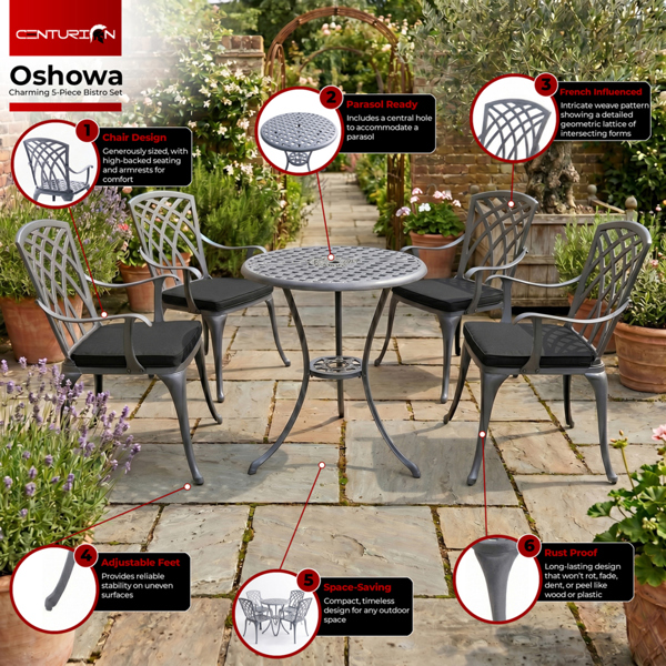 Centurion Supports OSHOWA Luxurious Garden and Patio Table and 4 Large Chairs with Armrests Cast Aluminium Bistro Set - Grey with Black Cushions