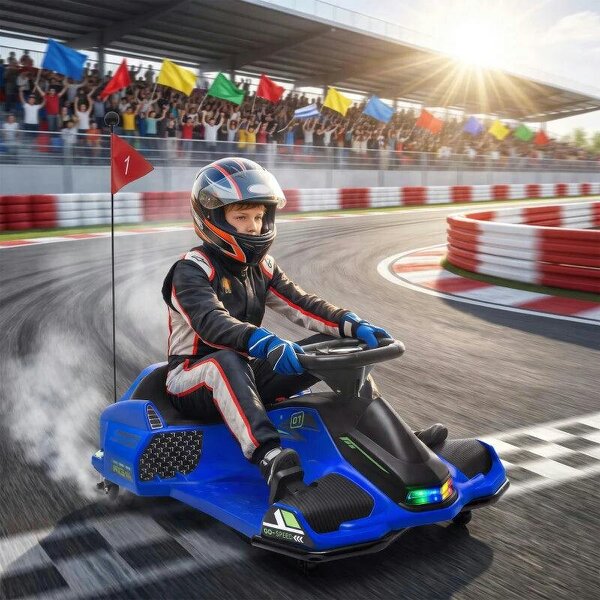 12V Kids Electric Go Kart, Ride on Drift Car with 2 Speeds, Soft Start, Music, Colourful LED Lights for Ages 8-12, Blue