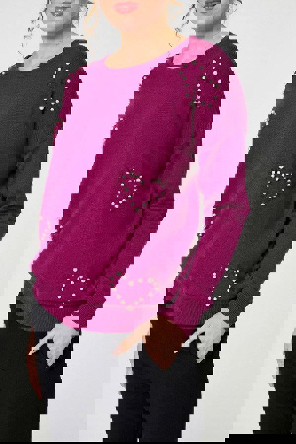 Purple | Heart Embellished Boat Neck Jumper
