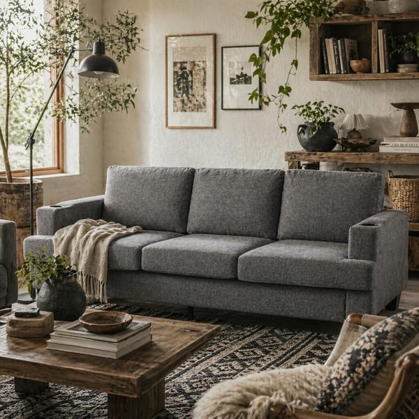 Wyld Haus Sefa Grey 3 Seater Sofa With Integrated USB Ports And Cup Holders