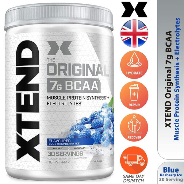 XTEND Original BCAA 7g Powder 444g 30 Servings – Choose Blue Raspberry or Lemon Lime - Blue Raspberry Ice