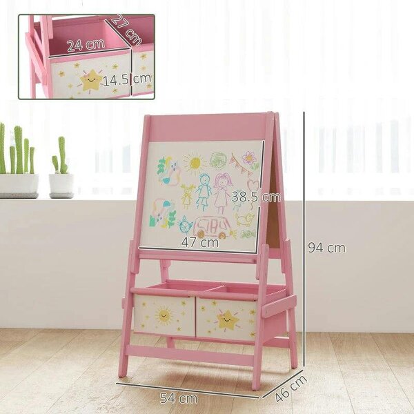 Art Easel for Kids, Double-Sided Whiteboard/Blackboard with Paper Roll, Two Storage Boxes, for Ages 3-8 Years, Pink