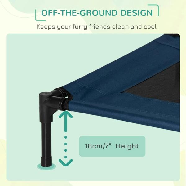 Blue elevated pet cot corner with black support leg and fabric edge stitching