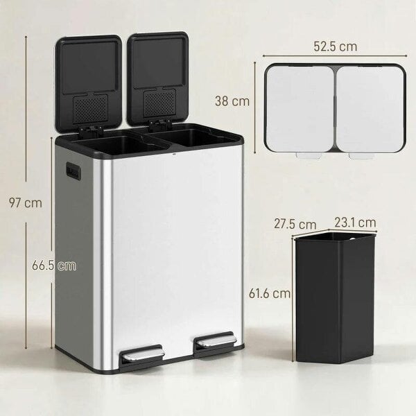 2 x 30L Double Kitchen Bin, Stainless Steel Pedal Rubbish Bin with Dual Compartments, Soft Close Lids, Silver Tone