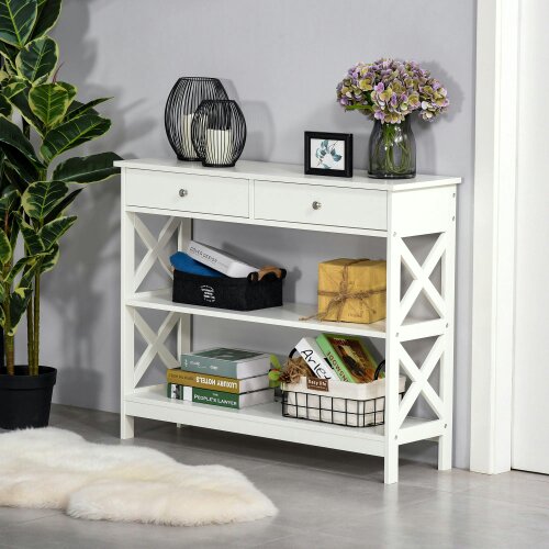 Wyld Haus Ralupa 100cm Wooden White X Frame Console Table With Drawers And Open Shelving