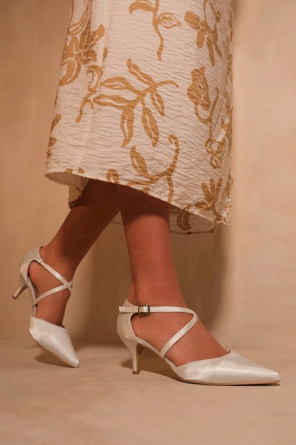 Where's That From Kennedi Low Kitten Heel With Crossover Strap in Off White Satin Silk