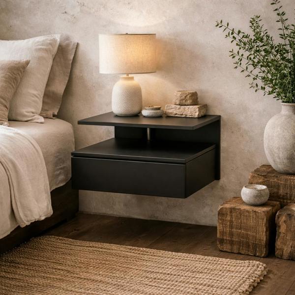 Wyld Haus Lincoln Black Wooden Floating Bedside Table 1 Drawer Open Shelf