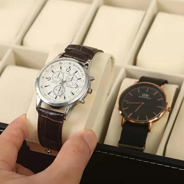 Dyzi 12 Slot Faux Leather Watch Box Transparent Lid Velvet Lined Organiser