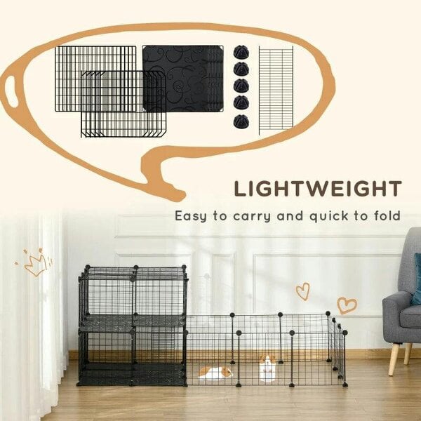 Pet Playpen with Door, Guinea Pigs Metal Mesh Cage for Small Animal, Chinchilla, 175 x 105 x 70 CM, Black