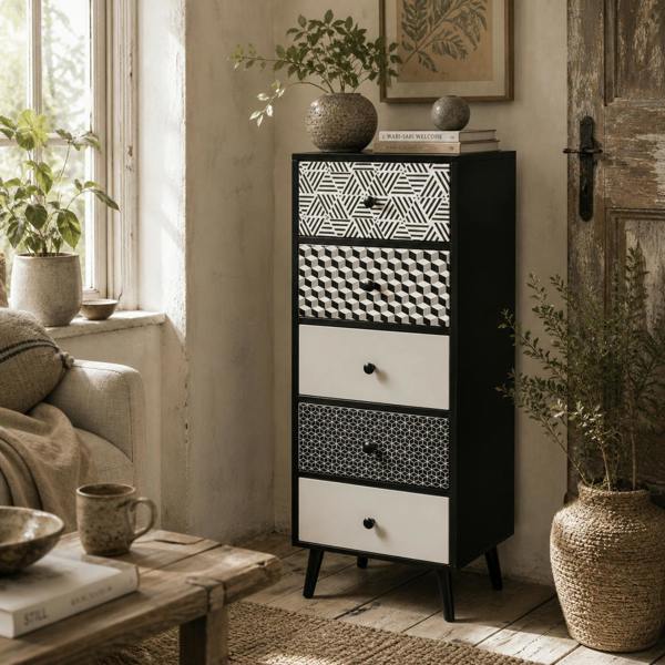 Wyld Haus Rerora Scandi Monochrome Black and White Wooden Vertical 5 Drawer Storage Chest