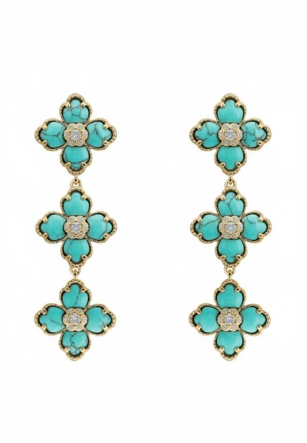 Turquoise flower-shaped earrings with gold accents on a white background