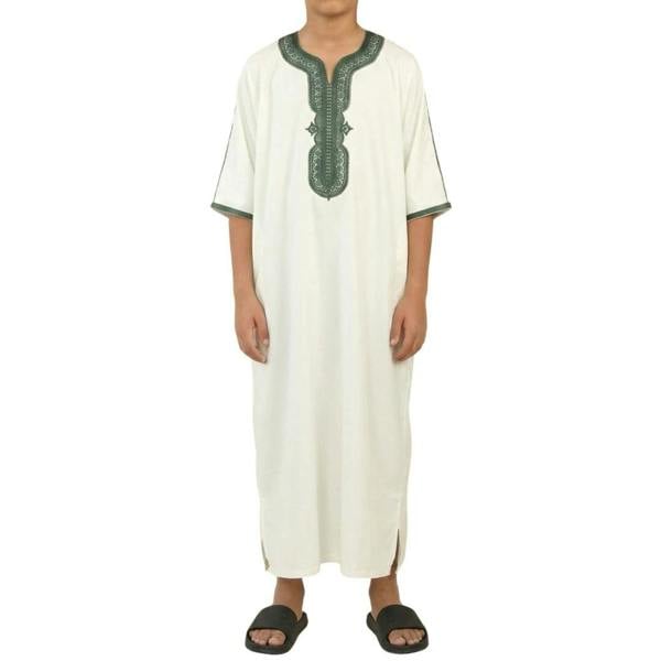 Boy's Moroccan Thobe Half Sleeve Gandoura Embroidery Kaftan - White - Thobez - 42